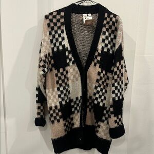 twik Black & Cream Checkerboard Open-Front Cardigan